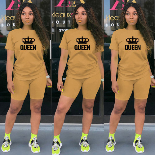 Summer Casual Apricot Knit Print Sports Shorts Set Two Piece