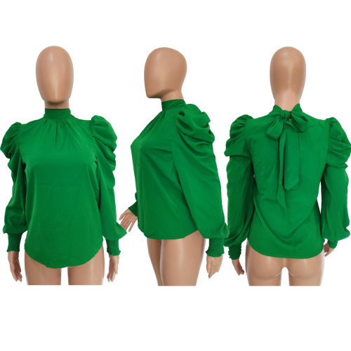 Women Bow Back Stand Neck Puff Long Sleeve Blouses Tops