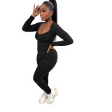 Solid Color Black V Neck Casual Two Piece Outfits