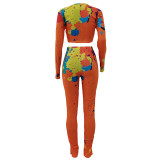 Women Colorful Ink-splash Print Crop Top Two Piece Outfits