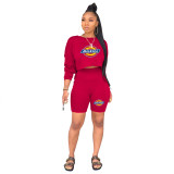 Casual O Neck Long Sleeve Sweatshirt Shorts Set with Pocket