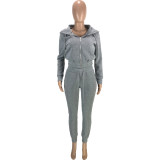 Solid Color Grey Fleece 2 PC Zipper Hoodie Cardigan Blouse Sweatpants Outfit