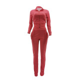 Solid Color Turn-down Neck Sports 2 Piece Set