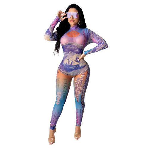 Sexy Long Sleeve Dollar Printed Mesh Jumpsuit
