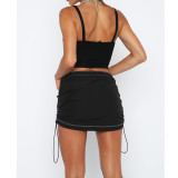 Solid Color Shirred Elastic Buckle Athleisure Pocket Cargo Skirts