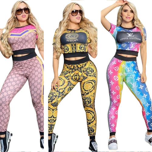 Fashion Slim Women's Printed Short Sleeve Crop Top Two Piece Set