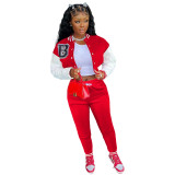 Red Single-breasted Letters Printed Colorblock Jacket Sports Baseball Uniform Suit with Pockets