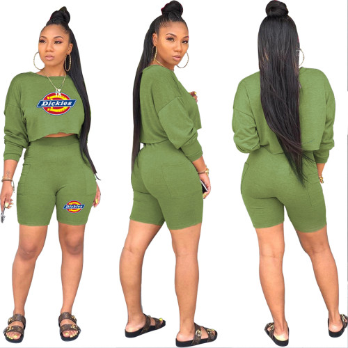 Casual O Neck Long Sleeve Sweatshirt Shorts Set with Pocket