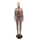 Casual Printed Long Sleeve Zipper Jacket Trousers Two Piece Set