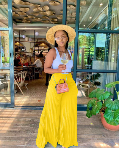 Yellow Casual Solid Pleated Mid Waist Wide Leg Pants