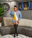Womens Denim Patchwork Knitted Pullover Stitching Sweater