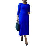 Spring Solid Color Round Neck Back Zipper Mid Dress