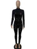 Black Sexy Solid Ripped See-through Turtleneck Long Sleeve Two Pieces Tracksuit Set