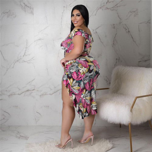 Plus Size Sexy Print Bandage Split Joint Slit Off the Shoulder Two Pieces Skirts Set