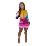 Autumn Knit Color Contrast Patchwork Long Sleeve Crop Top And Skirt Sets Female Matching Set