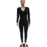 New Fashion Women Solid Long Sleeves Pleated Drawstring Skinny Casual Jumpsuit