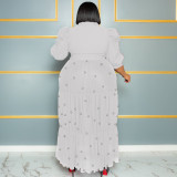 Plus Size Beaded Mesh Sexy See Through Puff Sleeve Long Dresses