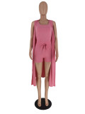 Solid Pit Just Chill Vest Top & Shorts 3-Piece Set with Long Sleeveless Coat