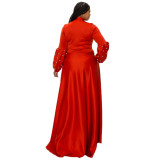 Plus Size Solid Beaded Tie Neck Ruffle Sleeve Formal Maxi Dress With Pocket