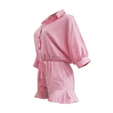 Solid Color Convertible Collar Ruffled Short Romper