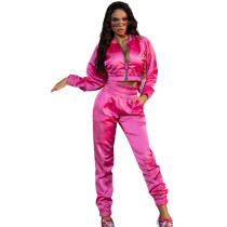 Solid Color Pink Women Apparel Clothing Mercerized Cotton Zipper Sportswear Two Piece Outfits