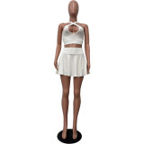 Solid Sexy Hollow Neck Crossover Skirt Set