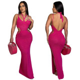 Summer Beachwear Hook Strap Halter Mesh Slit Sunscreen Long Beach Dresses