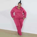 Autumn Winter Plus Size Women's Fashion Printed Hooded Sweatshirt Sweatpant Pant Set