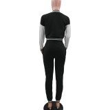 Black Single-breasted Letters Printed Colorblock Jacket Sports Baseball Uniform Suit with Pockets