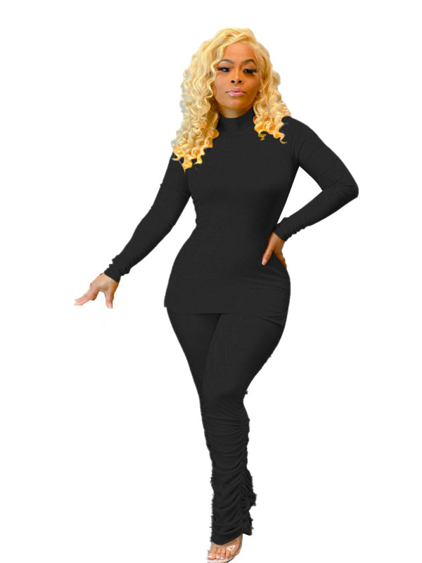 Solid Color Black Ribbed High Neck Stacked Lounge Wear Sets Women