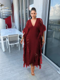 Solid Color Manual Knitted Sheer Fringed Dress