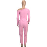 Solid Color Pink Thicken Pocketed Beveled Neckline Full Sleeve One Piece Jumpsuit with Belt