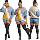 Womens Denim Patchwork Knitted Pullover Stitching Sweater
