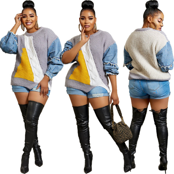 Womens Denim Patchwork Knitted Pullover Stitching Sweater