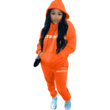 Casual Letter Pyrography Velvet Drawstring Kangaroo Pocket Hoodie & Pants Set