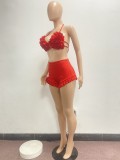 Red Sexy Halter Backless Bra Ruffled Shorts Summer Set