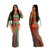 Casual Digital Printed Off Shoulder Long Sleeve Maxi Dress