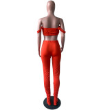 Sexy Red Sling Wrap Crop Top Pleated Wrinkled Trousers Two Piece
