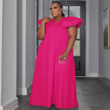 Solid Color Plus Size Woven Ruffled Sleeve V-neck Stitching Party Dress