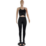 Solid Color Straps Crop Top and Trousers with Side Slit