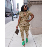 Solid Color Zipper Camouflage Short Sleeve One-piece Jumpsuits with Tooling Pocket