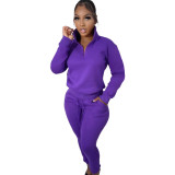 Casual High Neck Long Sleeve Zippered Solid Color Sweatshirt 2 Pieces with Pockets