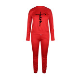 Casual Printed Long Sleeve Jogger Workout Pants Set with Pockets