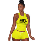 Casual Yellow Printed Letter Sports Sleeveless Tank Top Shorts Set
