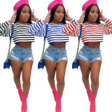 Casual Striped Printed Long Sleeve Cropped Top