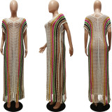 Summer Cover-Ups Crochet Knitted Tassel Color Matching Beach Dress