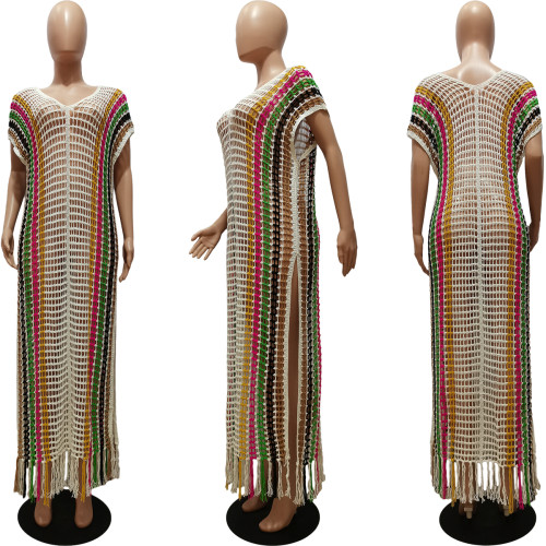 Summer Cover-Ups Crochet Knitted Tassel Color Matching Beach Dress