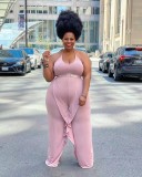 Solid Color Pink Ruffled Halter One Piece Sexy Backless Jumpsuit