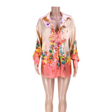 Casual Buttons Reflective Gradient Contrast Print Long Shirt
