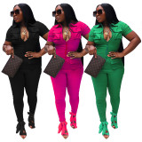 Selling Solid Color Zipper Turndown Neck Cargo Jumpsuit